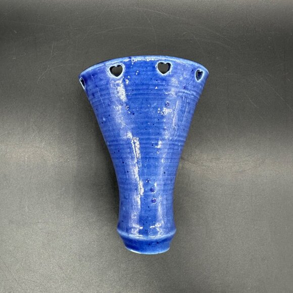 Art Pottery Wall Pocket Vase Blue Heart Cutouts Signed Handcrafted Hanging - Picture 2 of 11